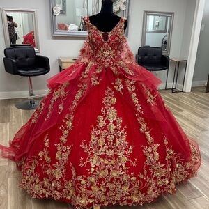 Red Quinceañera Ball Gown Prom Dress with Gold Floral Appliqué